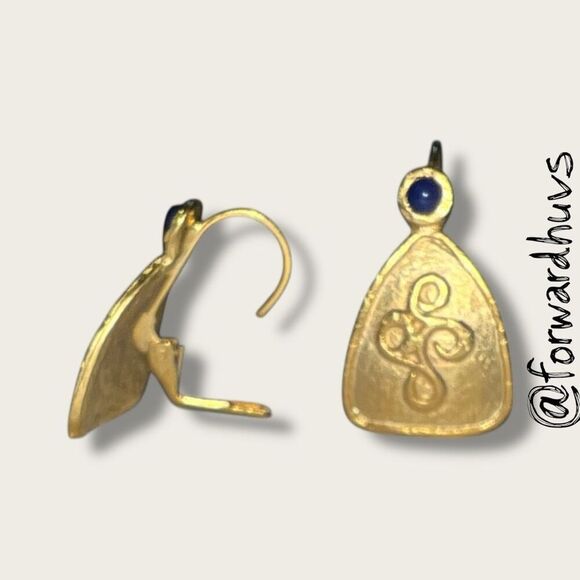 Gold Tone Leverback Earrings with Lapis Blue Stone - Picture 4 of 10